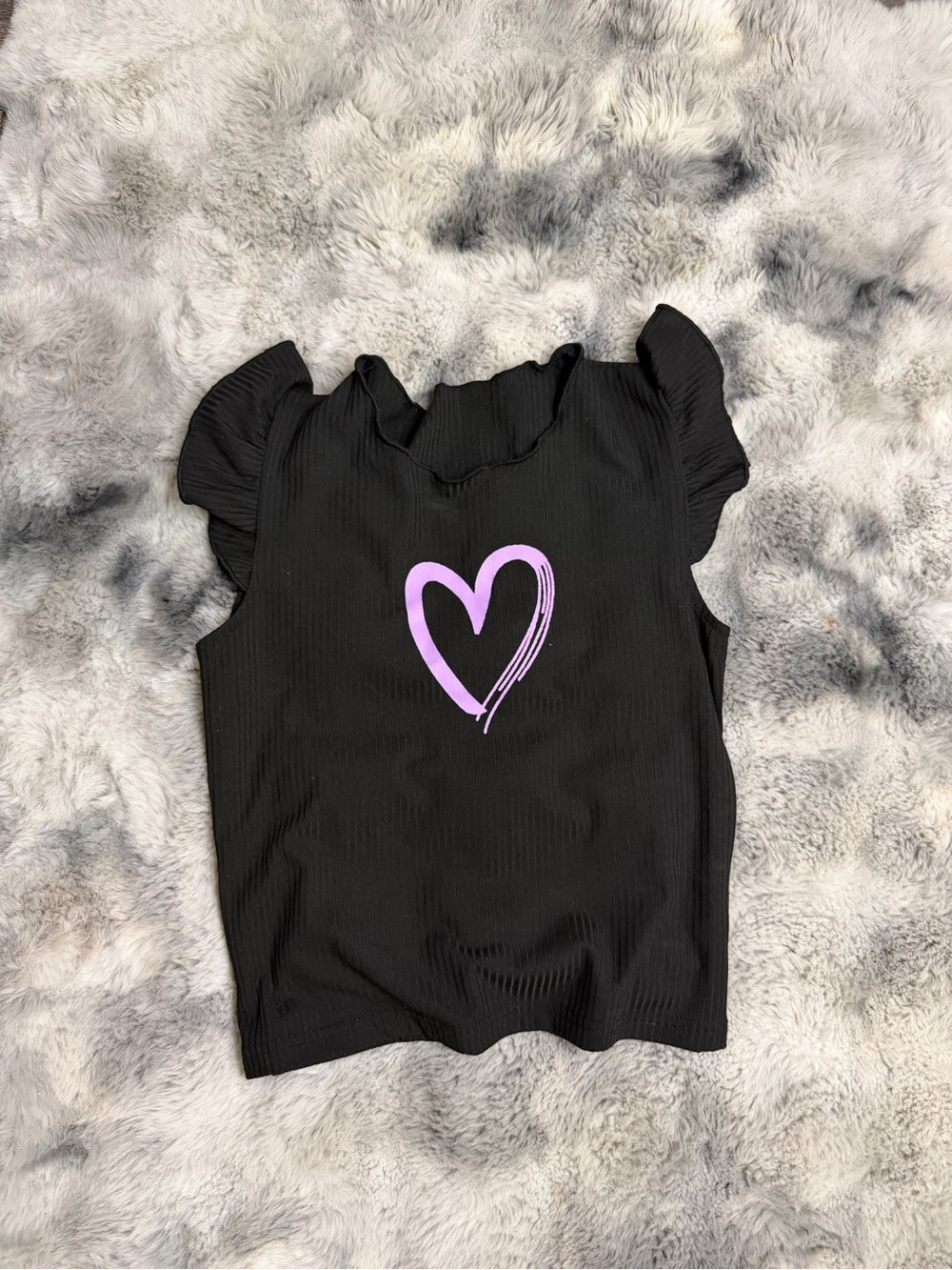 Girls Black Ruffle Sleeve Top with Purple Heart Graphic